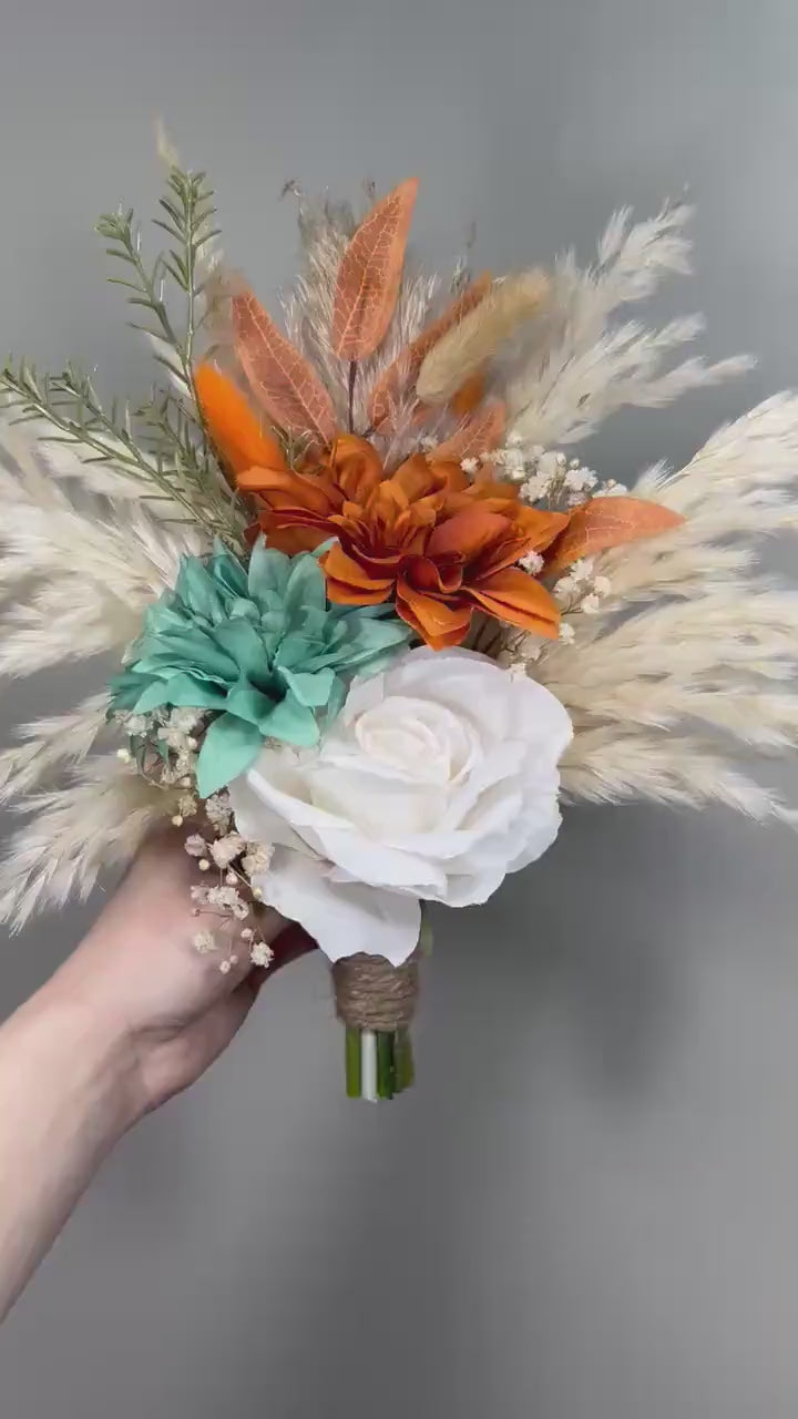 Bridesmaids Bouquet Teal Orange Wedding Boho Turquoise Terracotta Small Bouquet Petite Pampas Grass Rust Baby Breath White Ivory Teal Blue