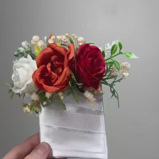 Wedding Pocket Boutonniere Terracotta Groom Boutonnière Square Groomsmen Rust White Burnt Orange Ivory Boutonniere Red Artificial Flowers
