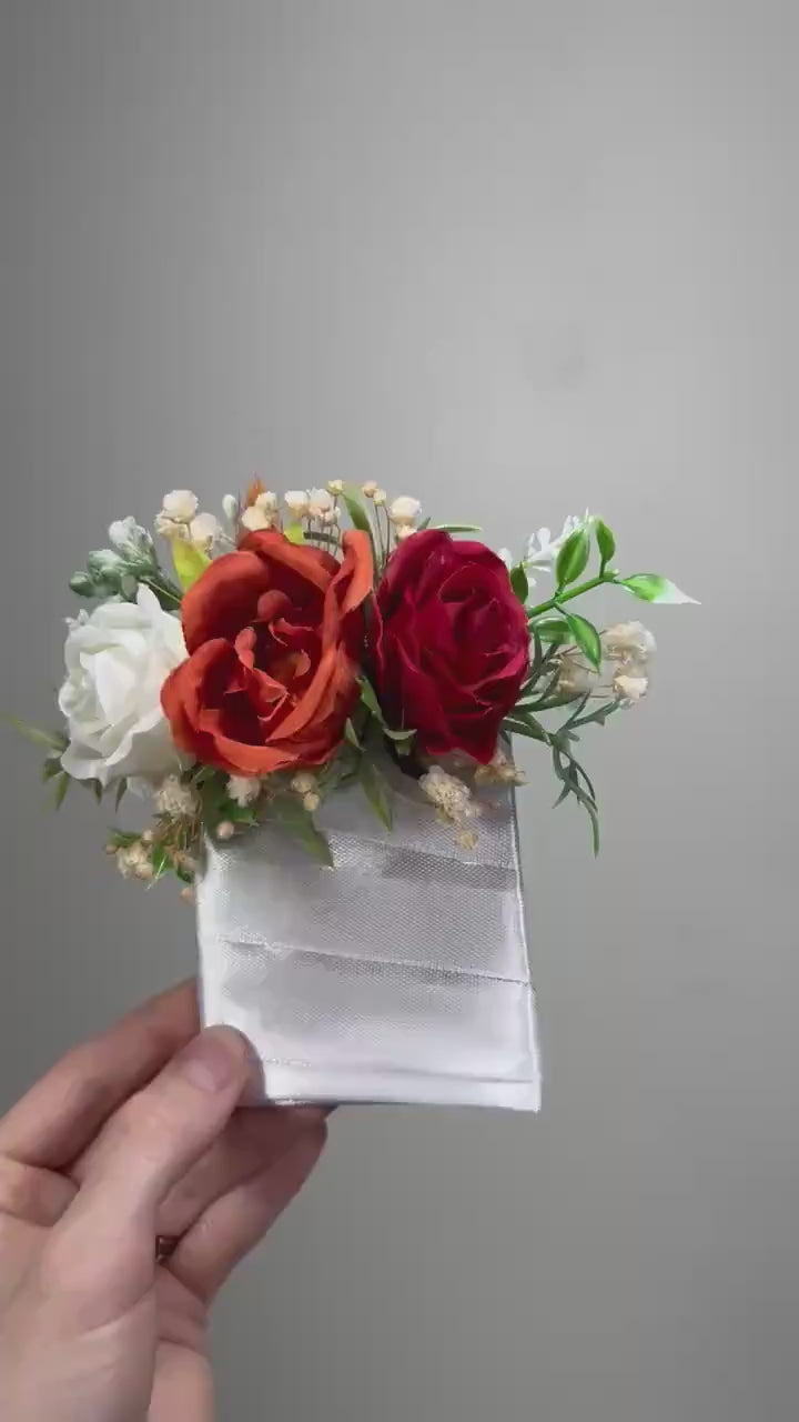 Wedding Pocket Boutonniere Terracotta Groom Boutonnière Square Groomsmen Rust White Burnt Orange Ivory Boutonniere Red Artificial Flowers