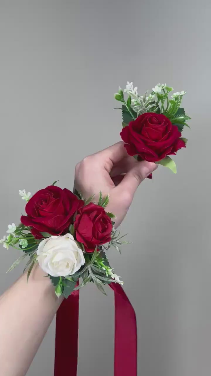 Red Corsage Wedding Corsage Wrist White Red Corsage Bridesmaids Wedding Corsage Red Ivory Mom Wrist Red Rose Corsage Prom Artificial Flower