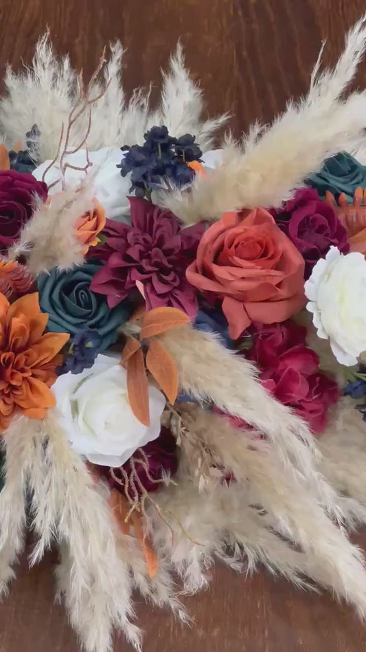 Burnt Orange White Navy Blue Centerpiece Wedding Table Decor Dark Teal Terracotta Burgundy Pampas Grass Sweetheart Boho Artiticial Flower