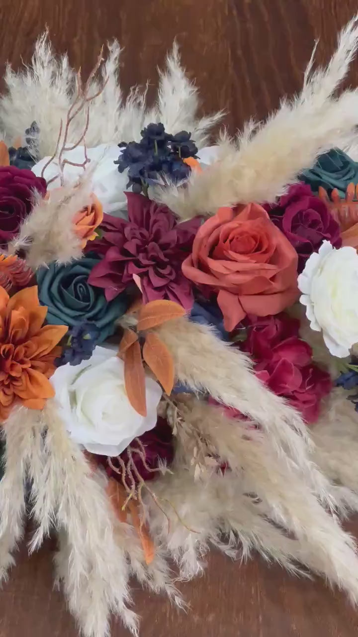 Burnt Orange White Navy Blue Centerpiece Wedding Table Decor Dark Teal Terracotta Burgundy Pampas Grass Sweetheart Boho Artiticial Flower