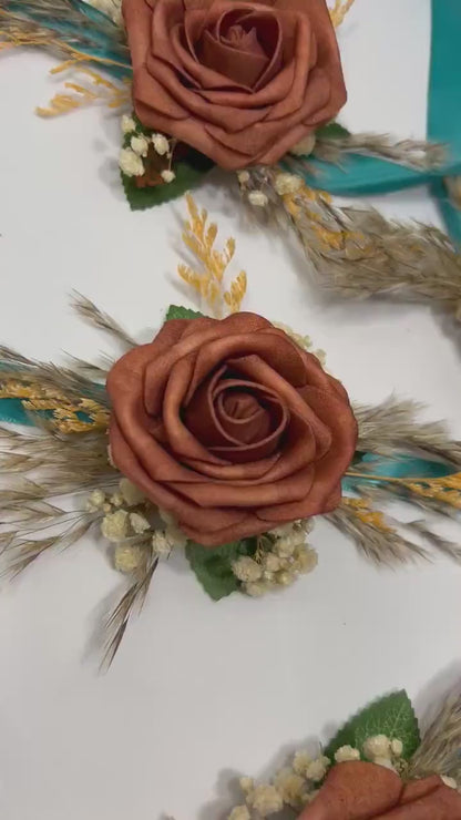 Rust Corsage Wedding Groom Terracotta Corsage Mom Corsage Cinnamon Corsage Orange Boho Baby Breath Pampas Grass Artificial Flowers