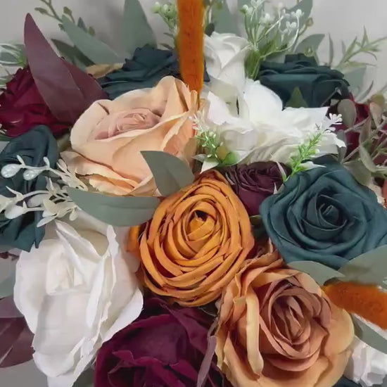 Dark Teal Bouquet Bridal White Terracotta Burgundy Bridesmaids Bouquet Burnt Orange Bouquet Teal Burgundy Rust Ivory Artificial Flowers