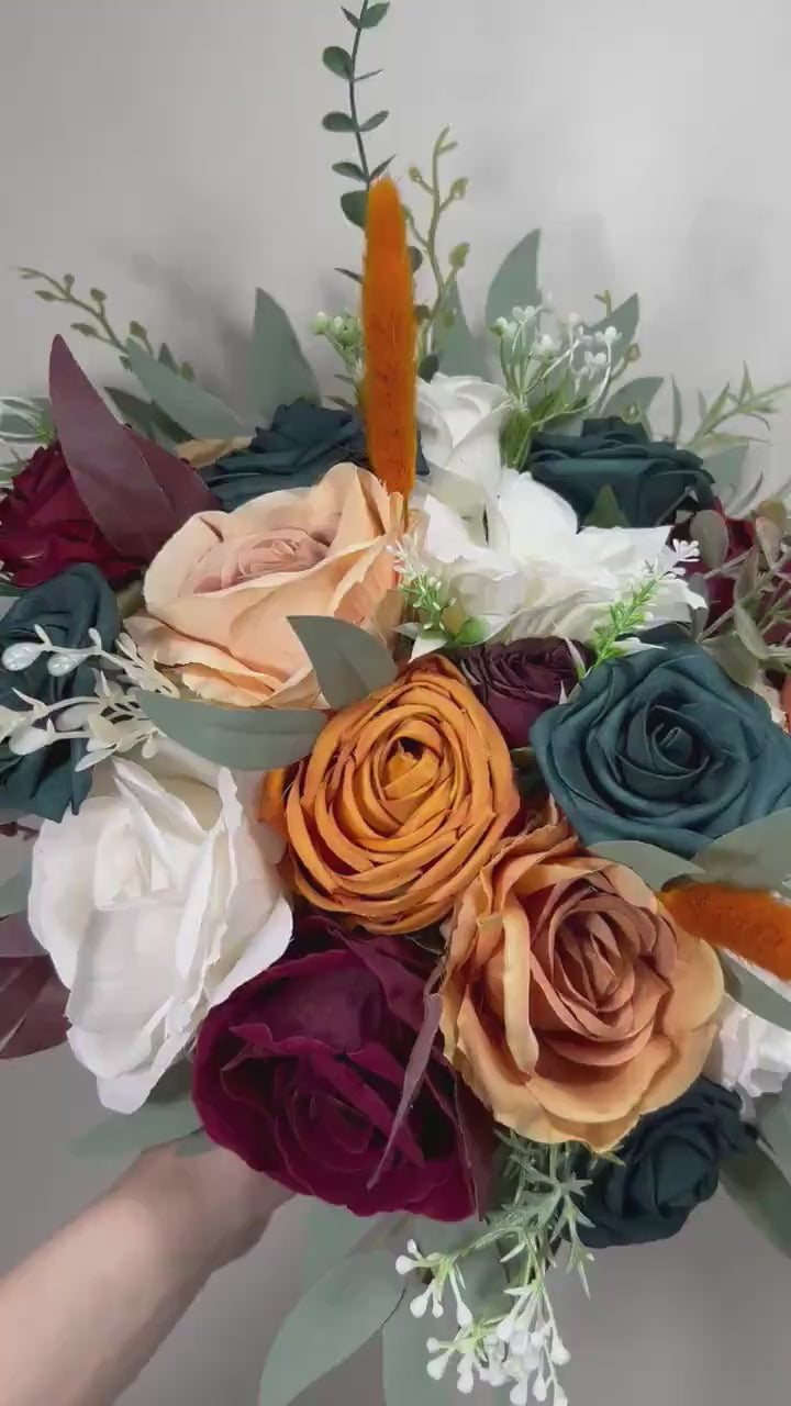 Dark Teal Bouquet Bridal White Terracotta Burgundy Bridesmaids Bouquet Burnt Orange Bouquet Teal Burgundy Rust Ivory Artificial Flowers
