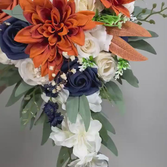 Navy Blue Orange Bouquet Cascade White Rust Blue Bouquet Bridal Cascading Terracotta Navy Blue Ivory Bouquet Bridesmaids Burnt Orange