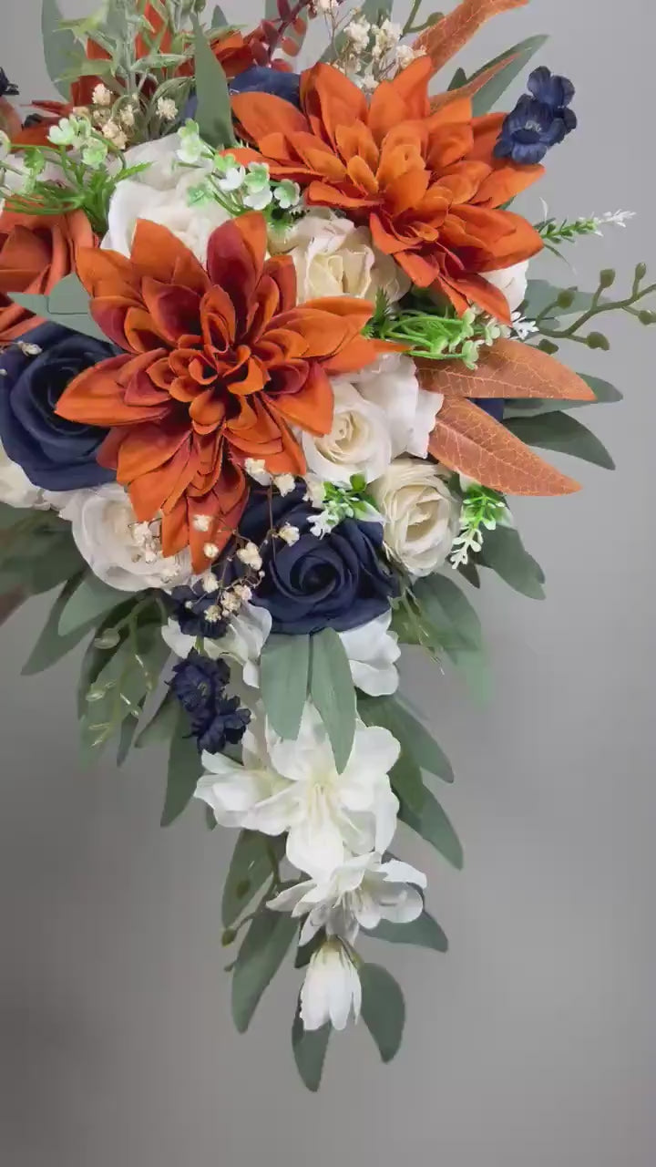 Navy Blue Orange Bouquet Cascade White Rust Blue Bouquet Bridal Cascading Terracotta Navy Blue Ivory Bouquet Bridesmaids Burnt Orange