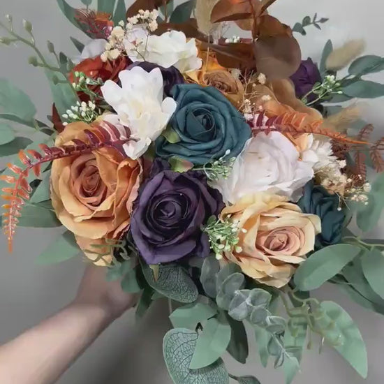 Wedding Dark Teal Bouquet Rust Orange Bridal Purple Bridesmaids Bouquet Terracotta Dark Purple Artificial Flowers Dark Teal White