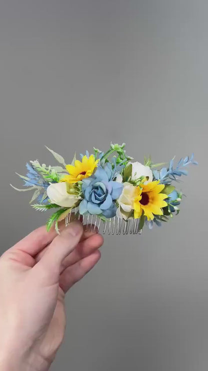 Sunflower Comb Floral Dusty Blue Wedding Head Piece Hair Comb Sunflower Bridal Blue Hair Clip Accessories Blue Hair Comb Artificial Flower