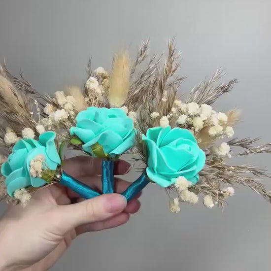 Teal Boutonniere Wedding Turquoise Groom Teal Boutonnière Orange Groomsmen Blue Boutonnière Groom Aque Blue Artificial Flowers Pampas Grass