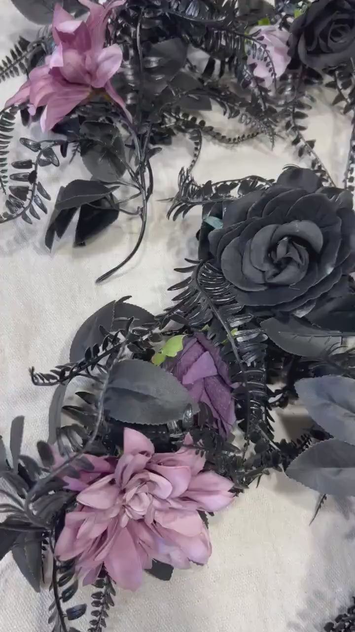 Black Fern Garland Wedding Purple Decoration Black Table Runner Dark Purple Artificial Flower Gothic Halloween