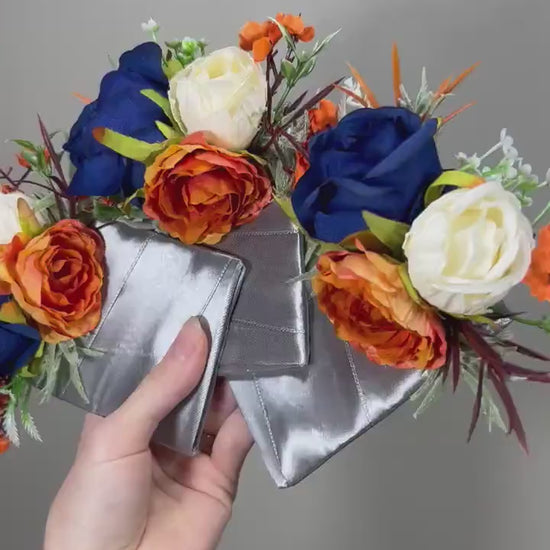 Orange Blue Pocket Boutonniere Wedding Groom Boutonnière Square Burnt Orange Royal Blue Groomsmen Terracotta Royal Blue Orange Boutonniere