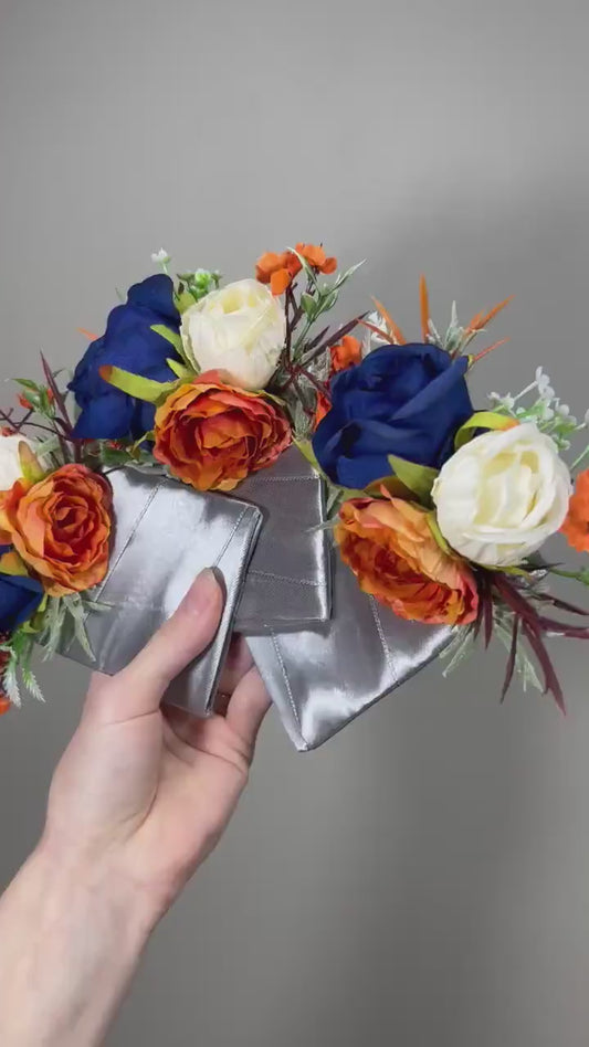 Orange Blue Pocket Boutonniere Wedding Groom Boutonnière Square Burnt Orange Royal Blue Groomsmen Terracotta Royal Blue Orange Boutonniere