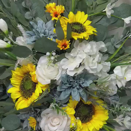 Set of 2 Sunflower Aisle Marker Wedding White Dusty Blue Ground Arch Floor Decor Rustic Ivory Yellow Sunflower Fall Barrel Whiskey Flower