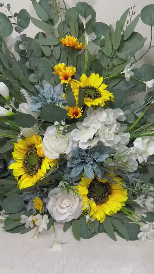 Set of 2 Sunflower Aisle Marker Wedding White Dusty Blue Ground Arch Floor Decor Rustic Ivory Yellow Sunflower Fall Barrel Whiskey Flower