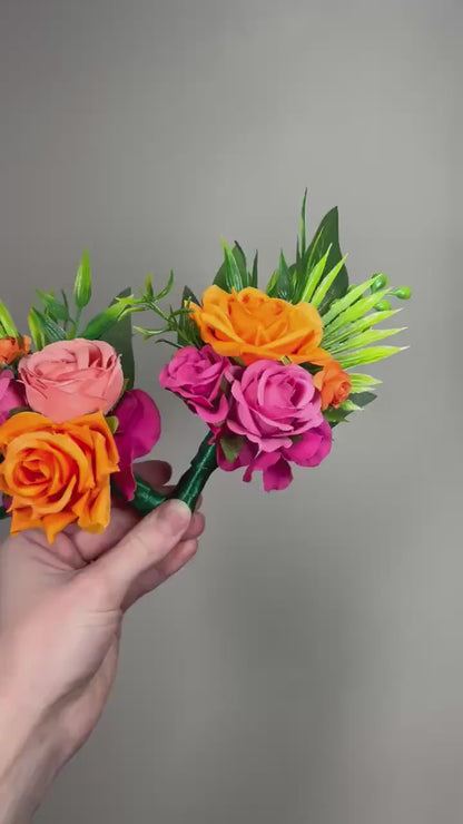 Hot Pink Orange Boutonniere Wedding Groom Tropical Boutonnière Fuchsia Coral Orange Bright Groomsmen Prom Magenta Artificial Flower