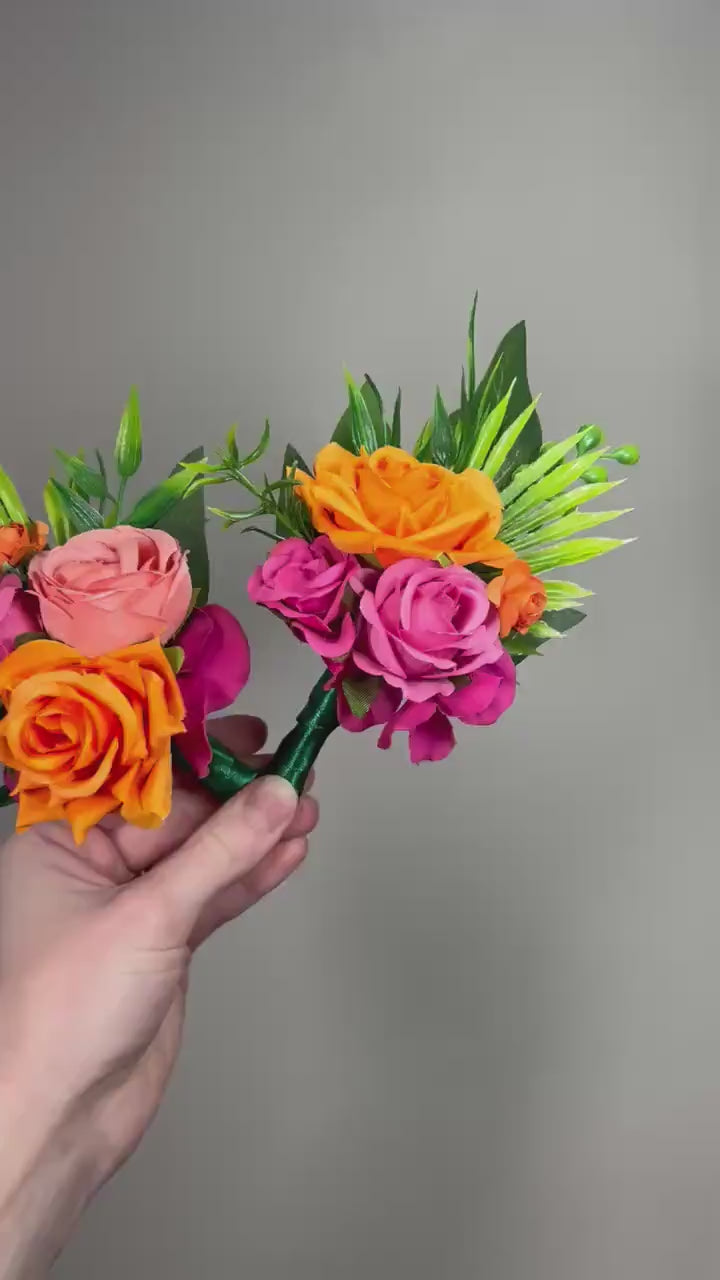 Hot Pink Orange Boutonniere Wedding Groom Tropical Boutonnière Fuchsia Coral Orange Bright Groomsmen Prom Magenta Artificial Flower