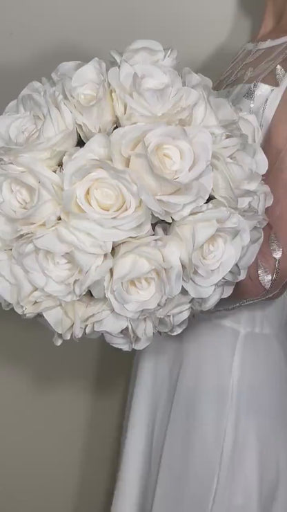 Wedding Bouquet White Bridal Wedding Ivory  Classic Rose Bridesmaids Decor Handmade Artificial Faux Flower White Bouquet Rose Decoration