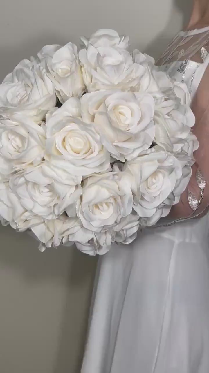 Wedding Bouquet White Bridal Wedding Ivory  Classic Rose Bridesmaids Decor Handmade Artificial Faux Flower White Bouquet Rose Decoration