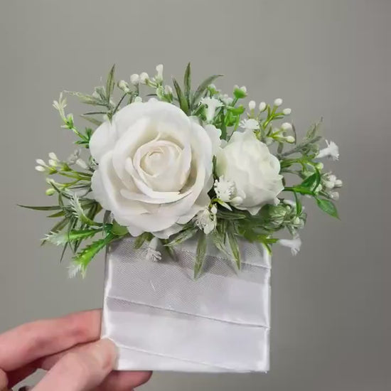 White Pocket Boutonniere Wedding Square Boutonniere White Baby Breath Groomsmen Pocket Boutonniere Ivory Greenery Artificial Flowers