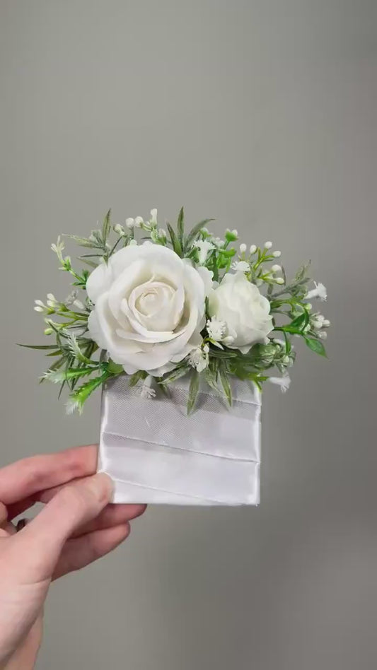 White Pocket Boutonniere Wedding Square Boutonniere White Baby Breath Groomsmen Pocket Boutonniere Ivory Greenery Artificial Flowers