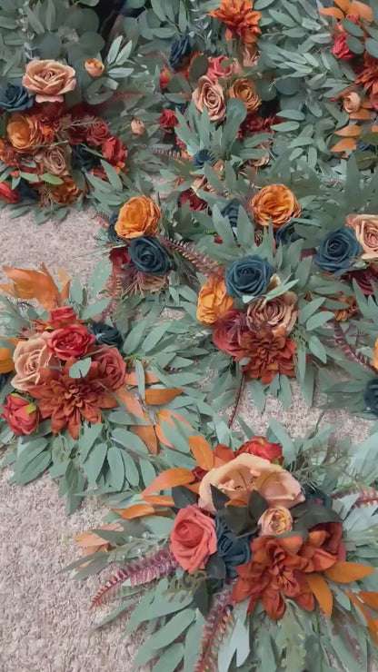 Teal Orange Aisle Marker Set of 2, Wedding Dark Teal Blue Floor Arrangement, Terracotta Burnt Orange Ground Arrangements, Rust Fall Decor