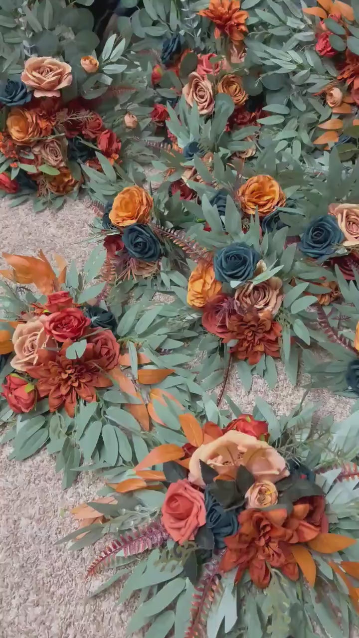 Teal Orange Aisle Marker Set of 2, Wedding Dark Teal Blue Floor Arrangement, Terracotta Burnt Orange Ground Arrangements, Rust Fall Decor
