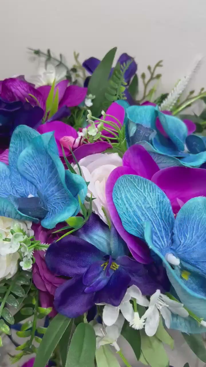 Jewel Tones Bouquet Bridal Teal Pink Wedding Bouquet Turquoise Magenta White Bouquet Orchid Calla Galaxy Blue Bouquet Tropical Artificial