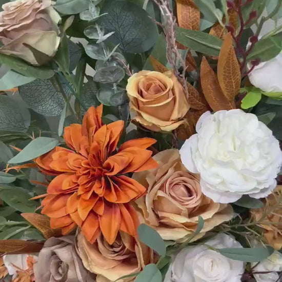 Wedding Aisle Marker Flower Floor Arrangement Whiskey Barrel Décor Burnt Orange Ground Arch White Terracotta Décor Rust Brown Fall Colors