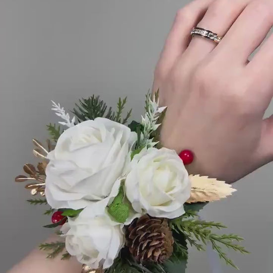 Christmas White Corsage Wedding Wrist Corsage Winter Mother Bridesmaids Wristlet Ivory Rose Holiday Cone Pine Tree Gold Artificial Flower