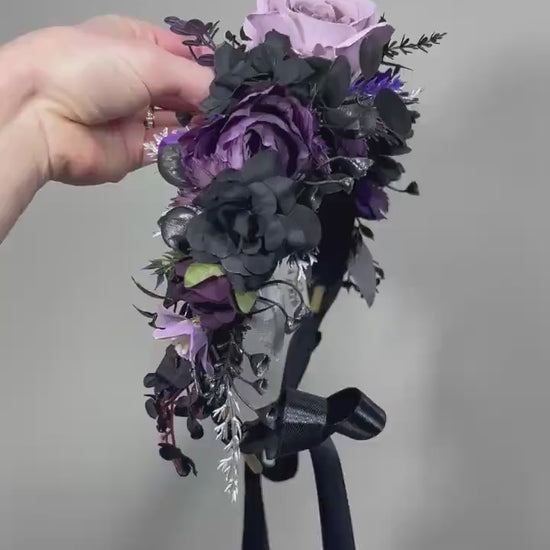 Black Purple Flower Crown, Gothic Wedding Headpiece, Dark Floral Halo, Lavender Lilac Hair Crown, Halloween Flower Crown Black