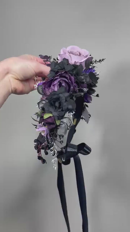 Black Purple Flower Crown, Gothic Wedding Headpiece, Dark Floral Halo, Lavender Lilac Hair Crown, Halloween Flower Crown Black