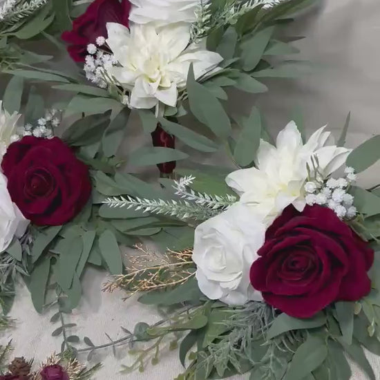 Wedding Bouquet Burgundy Bridal Red Rustic Bouquet Burgundy Bridesmaids White Christmas Bouquet Eucalyptus Dahlia Ivory Artificial Flowers