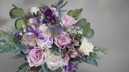 Wedding Bouquet Lavender Bridal Purple Rustic Violet Bouquet Plum Bridesmaids Lilac Mauve Eucalyptus Rose White Wild Flowers Artificial