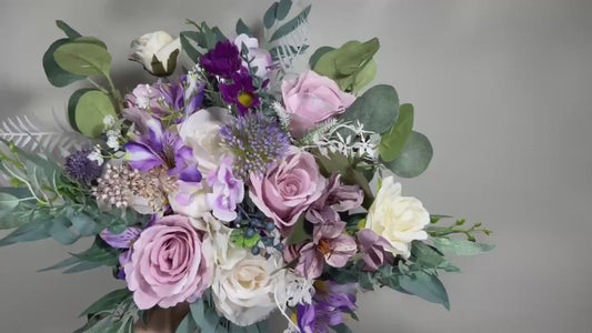 Wedding Bouquet Lavender Bridal Purple Rustic Violet Bouquet Plum Bridesmaids Lilac Mauve Eucalyptus Rose White Wild Flowers Artificial