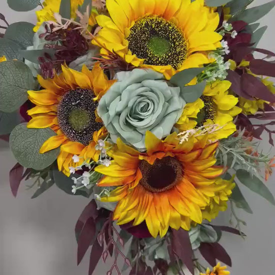Sunflower Bouquet Wedding Bridal Boho Sunflower Cascade Bouquet Sage Burgundy Sunflower Bridesmaids Bouquet Sage Green Artiricial Flower