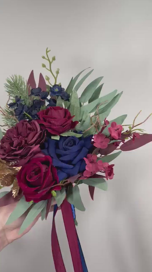 Burgundy Navy Blue Pew Decor Flower Wedding Dark Blue Maroon Gold Chair Decor Aisle Marker Winter Pine Tree Eucalyptus Artiticial Flower
