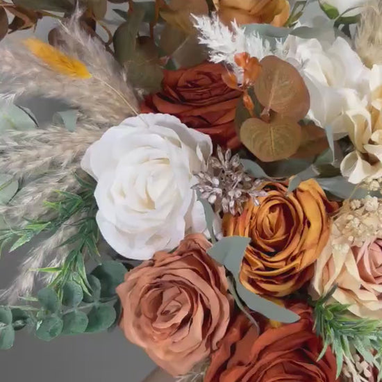 Wedding Bouquet Terracotta Rust Burnt Orange Bouquet Bridal Ivory Fall Eucalyptus Baby Breath Cinnamon Rose Pampas Grass Artificial Flower