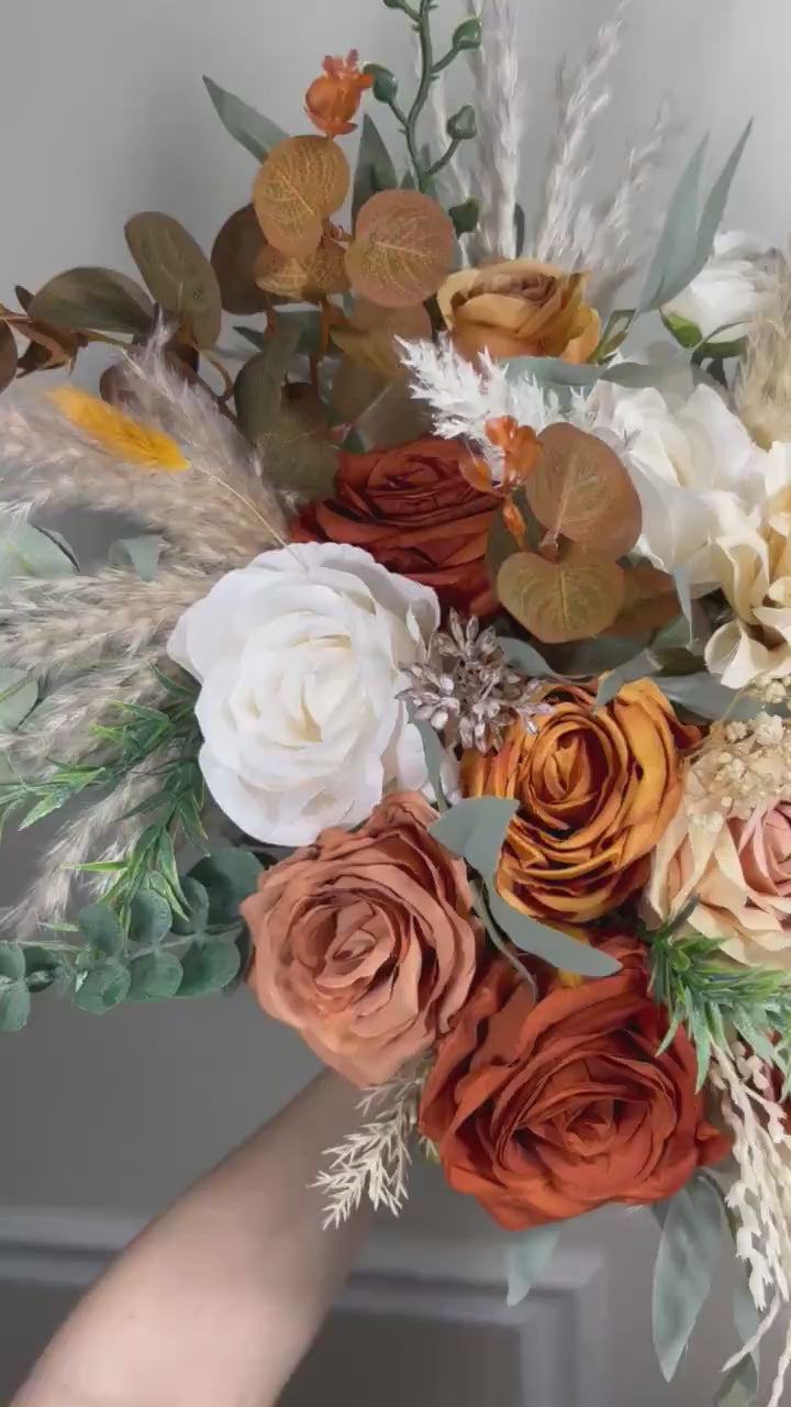 Wedding Bouquet Terracotta Rust Burnt Orange Bouquet Bridal Ivory Fall Eucalyptus Baby Breath Cinnamon Rose Pampas Grass Artificial Flower