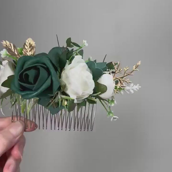 Emerald Green Hair Comb Wedding Forest Green Gold Accessories Hair Comb Ivory Emerald Green Headpiece Floral Hair Comb Artiticial Flower