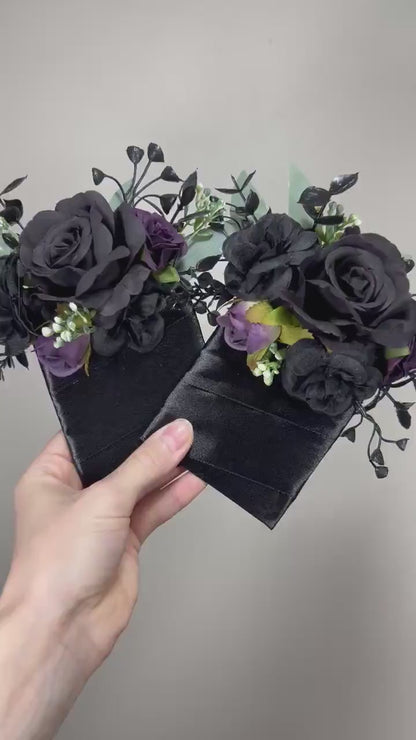 Black Pocket Boutonniere Wedding Groom Boutonnière Purple Square Groomsmen Pocket Boutonniere Black Wedding Sage Gothic Artificial Flowers