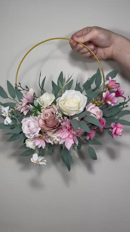 Wedding Hoop Pink White Floral Hoop Alternative Bridesmaids Bouquet Ring Dusty Rose Wreath Flower Girl Hoop Ivory Spring Artificial Flower