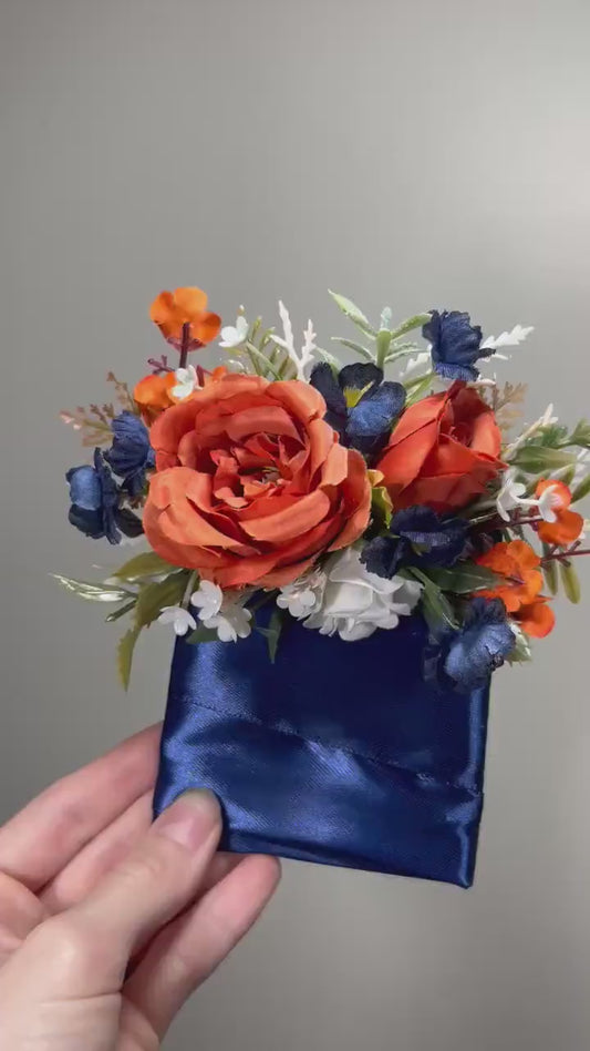 Orange Pocket Boutonniere Wedding Groom Boutonnière Square Burnt Orange Navy Blue Groomsmen Terracotta Navy Blue Boutonniere Rust