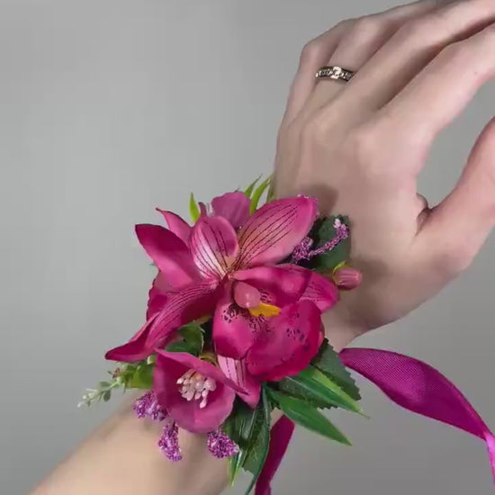 Hot Pink Corsage Orchid Wedding Wrist Corsage Fuchsia Tropical Beach Mom Corsage Prom Pink Bridesmaids Wristlet Artificial Flower Magenta