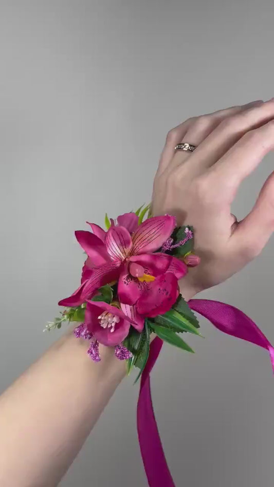 Hot Pink Corsage Orchid Wedding Wrist Corsage Fuchsia Tropical Beach Mom Corsage Prom Pink Bridesmaids Wristlet Artificial Flower Magenta