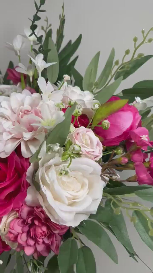 Hot Pink Bouquet Wedding Bridal Fuchsia Bouquet Bridesmaids Hot Pink Peony Deep Pink Neon Bouquet White Artificial Flower Wild Flower Summer