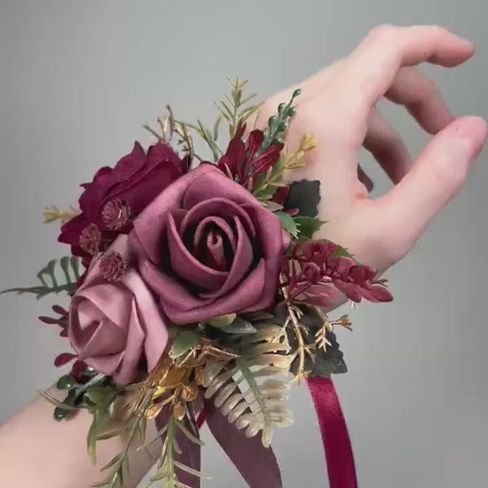 Burgundy Dusty Rose Corsage Wedding Mauve Rustic Wrist Corsage Bridesmaids Prom Gold Wine Red Maroon Wristlet Blush Artificial Flowers