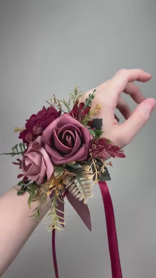 Burgundy Dusty Rose Corsage Wedding Mauve Rustic Wrist Corsage Bridesmaids Prom Gold Wine Red Maroon Wristlet Blush Artificial Flowers