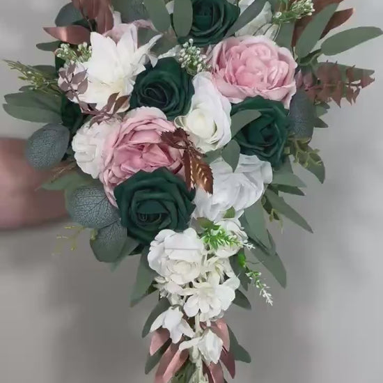 Emerald Green Bouquet Bridal Cascade White Blush Bridesmaids Bouquet Rose Gold Cascading Bouquet Ivory Hunter Green Forest Artiricial Flower