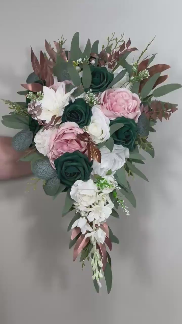 Emerald Green Bouquet Bridal Cascade White Blush Bridesmaids Bouquet Rose Gold Cascading Bouquet Ivory Hunter Green Forest Artiricial Flower
